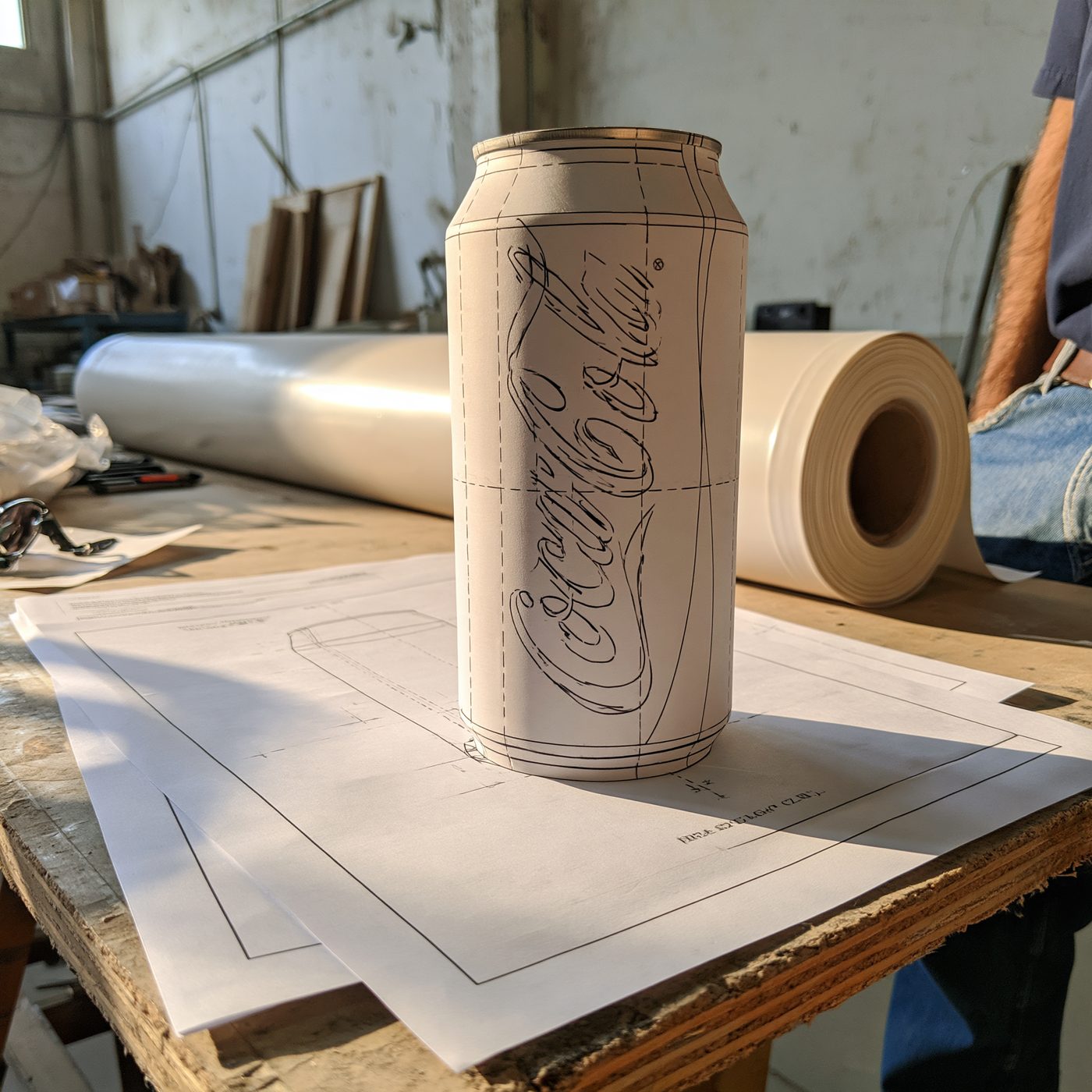 A printed seam map and a sample can pattern on a workshop table with a roll of vinyl